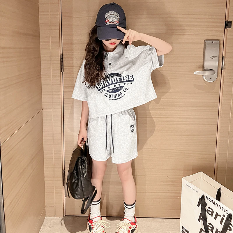女童polo衫套装夏季2024新款洋气中大儿童运动短袖夏装短裤两件套
