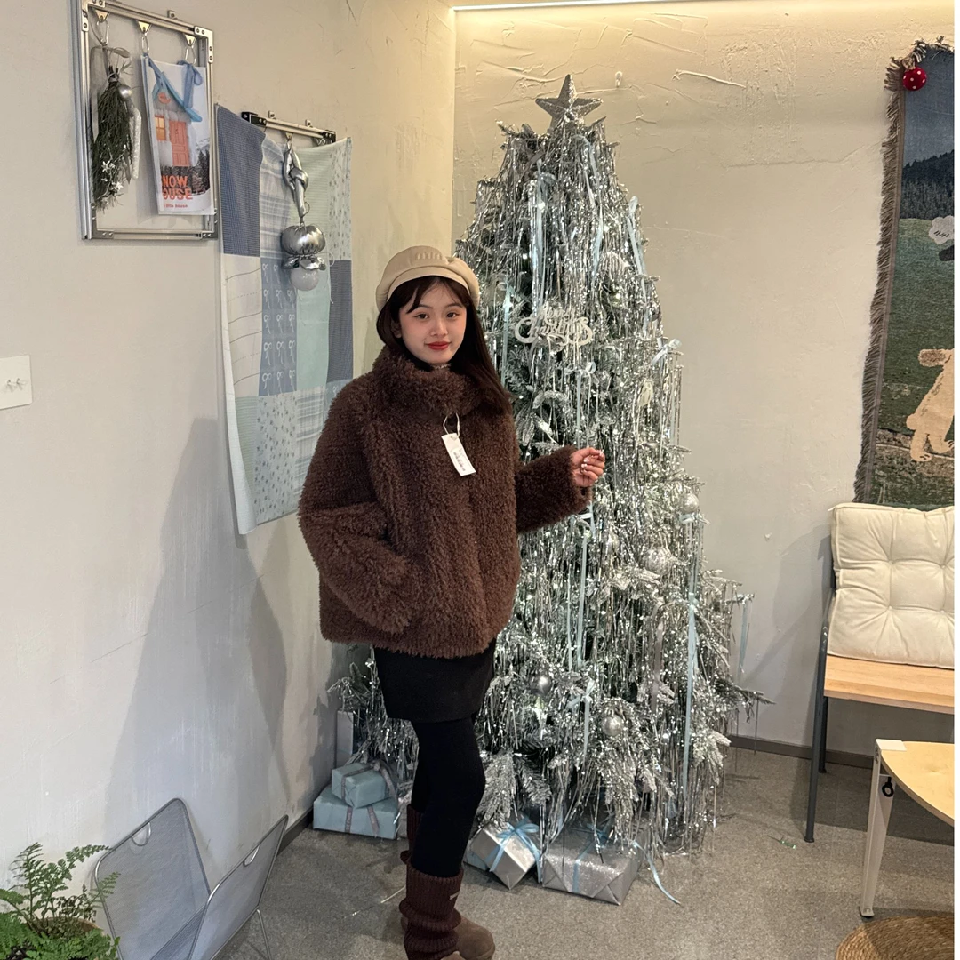 立领厚款长袖短外套外套套头羊羔绒加厚针织韩版上衣