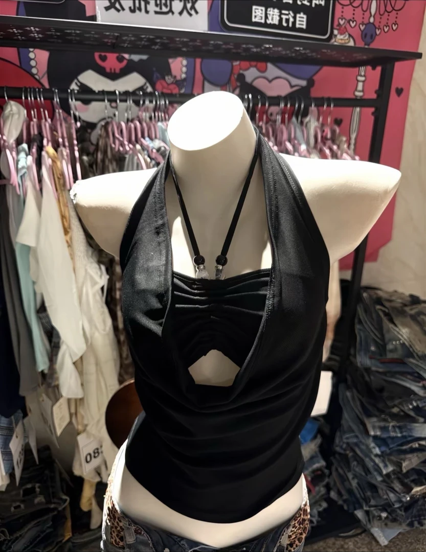 纯欲荡领美背挂脖串珠吊带背心女夏季外穿修身粉色上衣