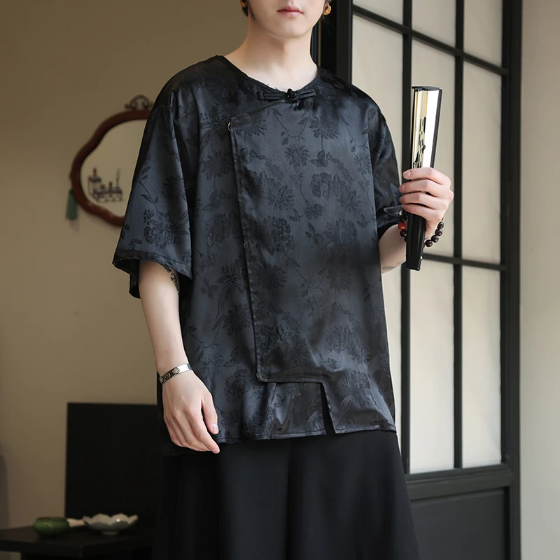 夏季薄款圆领T恤男新中式国风提花冰丝短袖衬衫宽松斜襟汉服上衣