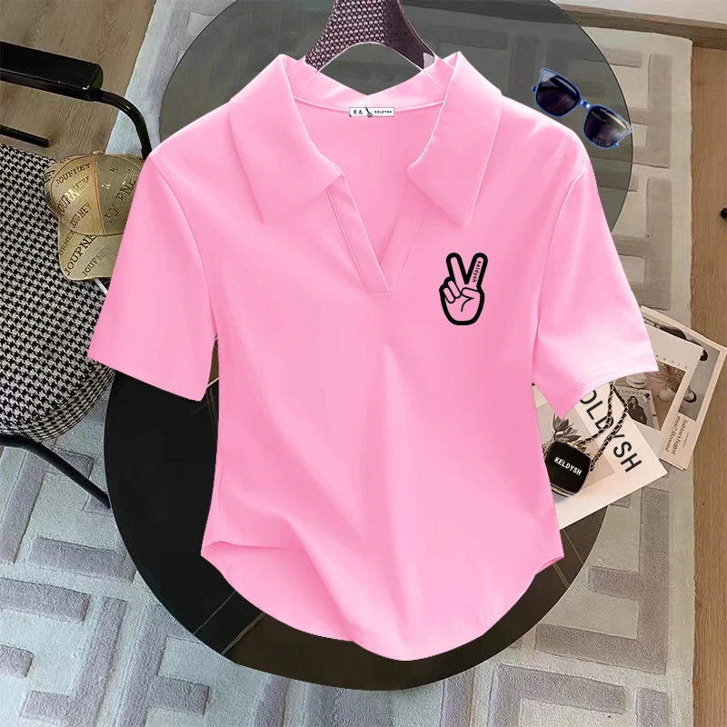 POLO领短袖t恤女2025夏季新款小个子纯棉印花正肩弧形短款上衣潮