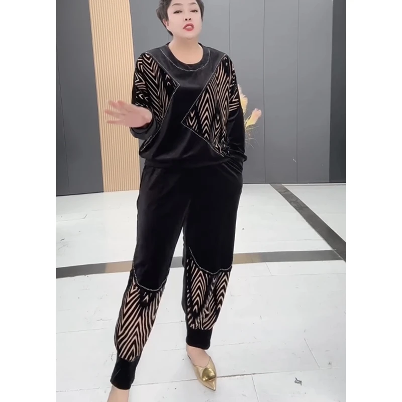 大码女装秋季新款丝绒烫钻撞色拼接洋气富态妈妈两件套