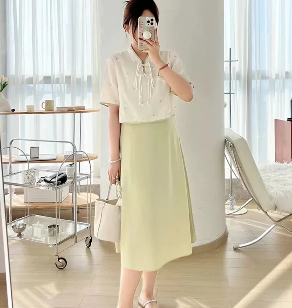 新中式国风盘扣短袖时尚洋气刺绣上衣+吊带裙11956/11955(C3-3)