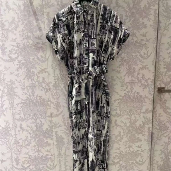 拼色印花腰带无袖连衣裙