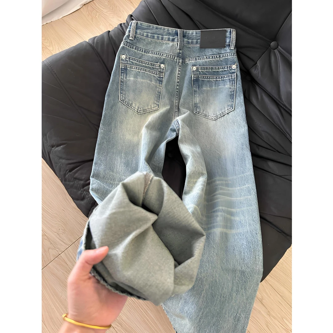 早春季新款美式复古蓝水洗窄版阔腿裤子设计感高腰宽松直筒牛仔裤