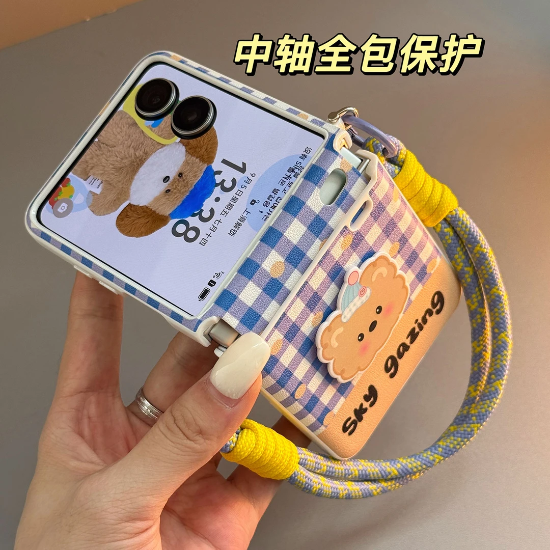 蓝色格纹小熊适用荣耀magicvflip2手机壳华为Pocket2小米MIXFlip2