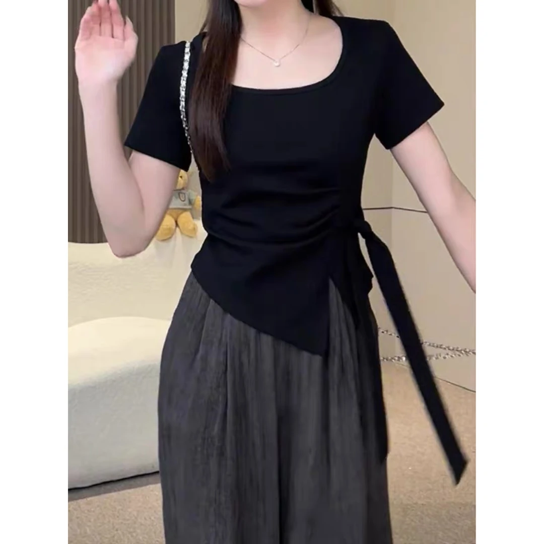 时尚黑色方领短袖T恤女2025夏季新款小众不规则绑带收腰显瘦上衣