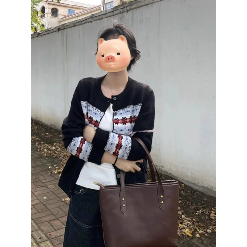 复古费尔岛黑色毛衣开衫女秋冬季2025新款慵懒风外搭针织外套上衣