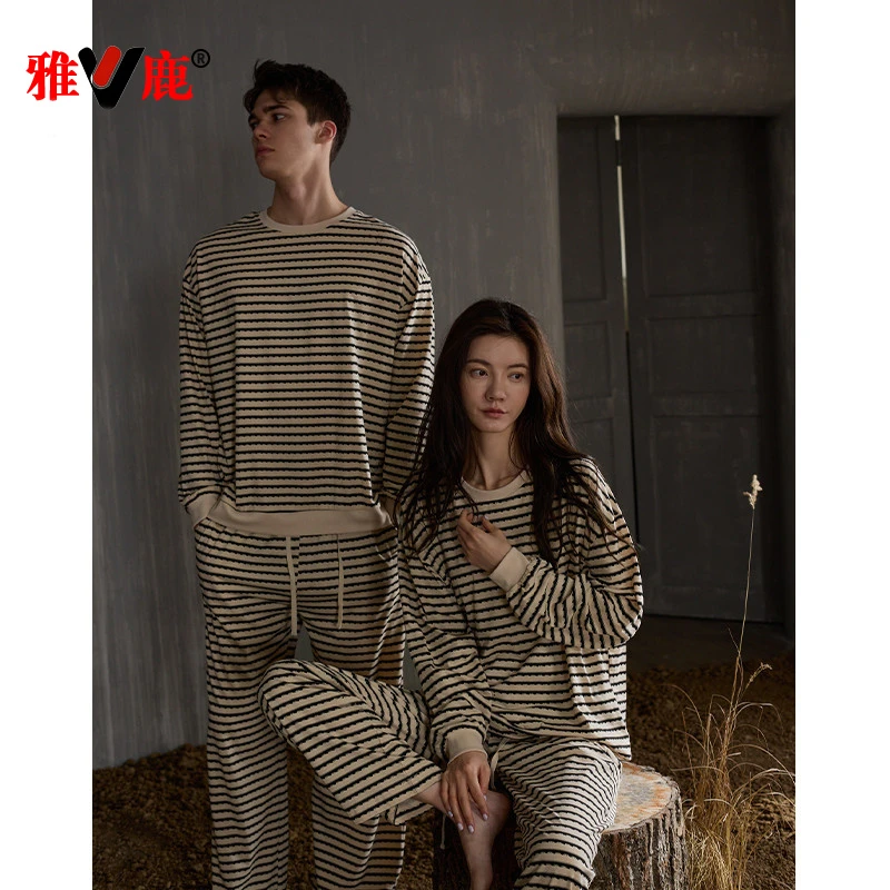 雅鹿情侣睡衣纯棉春秋季一男一女秋冬款条纹网红爆款家居服套装