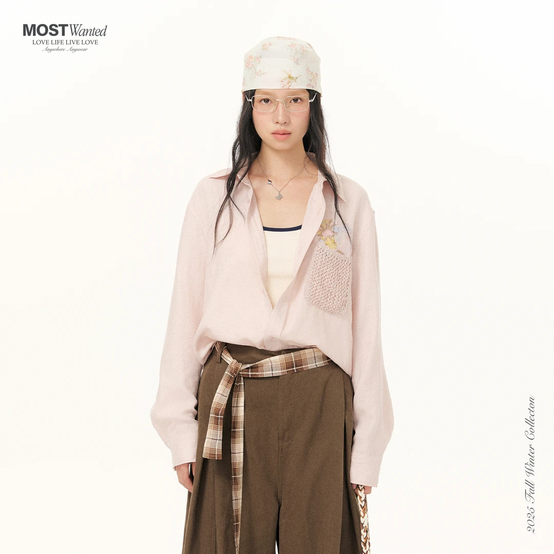 MostWanted钩针口袋花束刺绣长袖衬衫