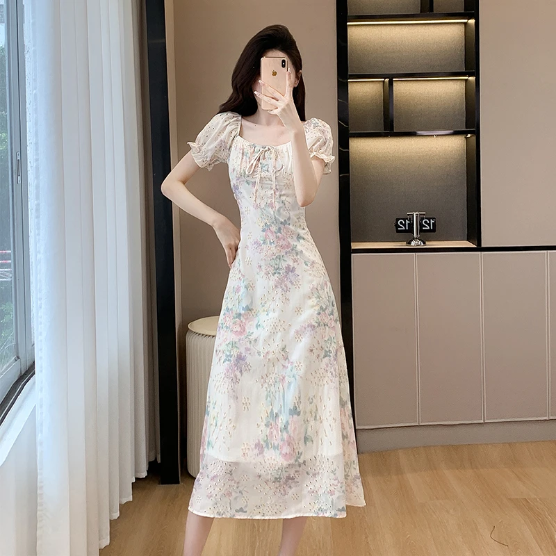 EVNSLE“杜乐丽花镜”法式甜美中长款绣花收腰碎花连衣裙背心连衣裙