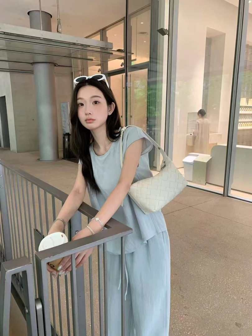 夏季新款莱赛尔天丝亚麻长裤套装慵懒风休闲风时尚女-2