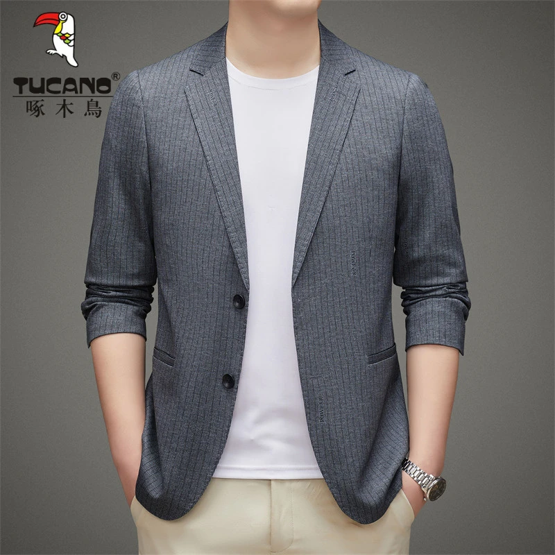 啄木鸟薄款休闲西服男款2025秋季高档时髦纯色商务风百搭上衣外套