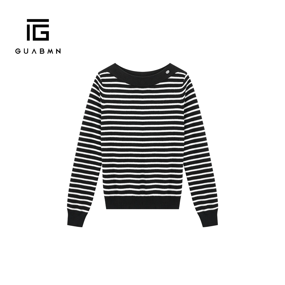GUABMN2025秋季新品条纹T恤时尚打底简约百搭黑白条针织衫5651