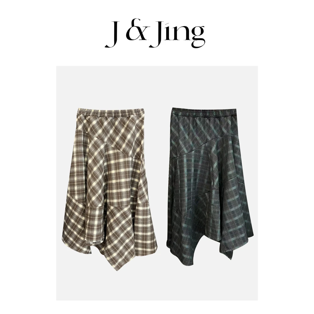J&Jing-「格温特」-宽松秋冬季不规则格子半身裙MD517