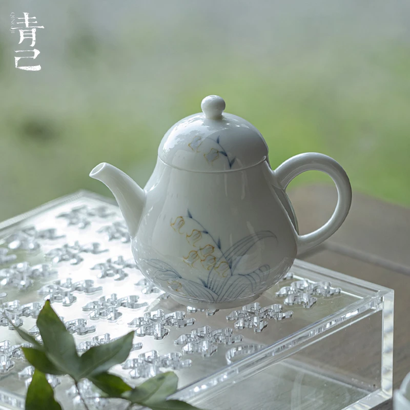 青己玉泥手绘釉下彩铃兰花茶壶功夫茶具陶瓷家用青花球孔过滤执壶