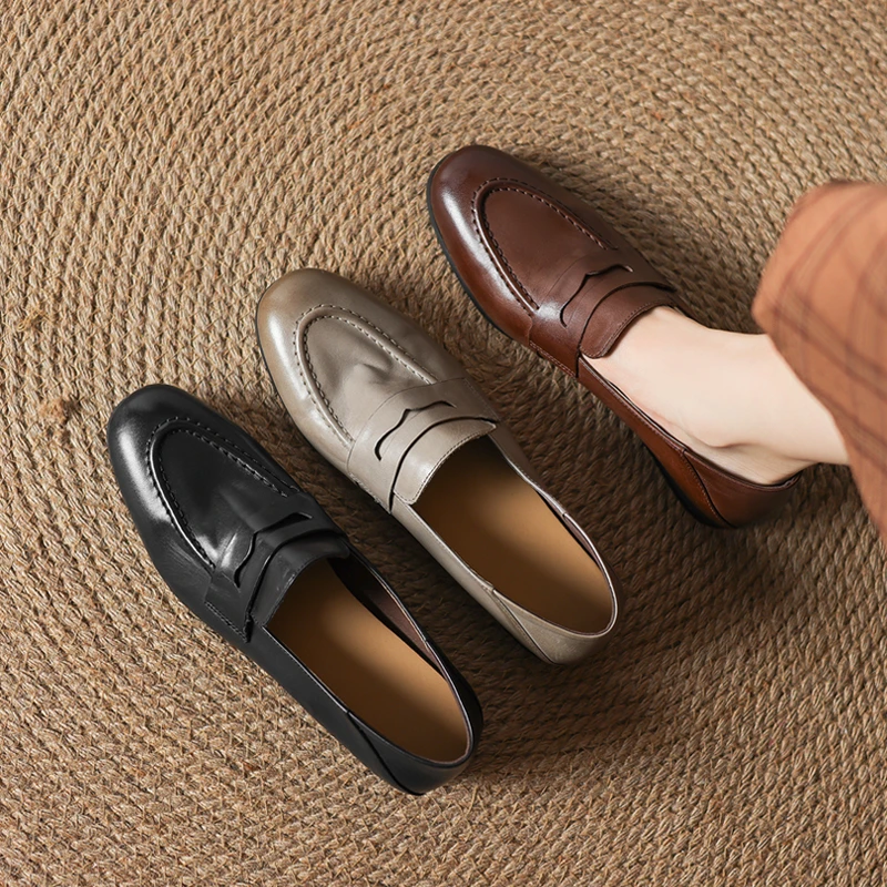 圆头乐福鞋女头层牛皮软底豆豆鞋子舒适平跟上班族小皮鞋百搭单鞋