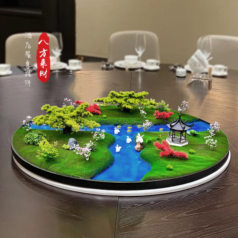 酒店大圆桌转盘中间餐桌假花摆花装饰品饭店中心景观轻奢摆台摆件