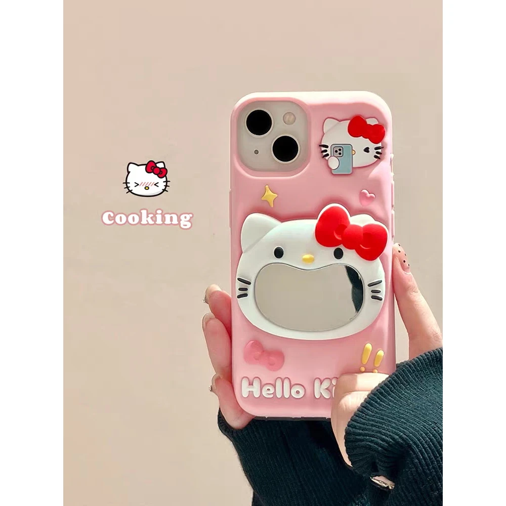 苹果|卡通大嘴KT猫镜子支架可爱ins适用iPhone16创意女硅胶手机壳