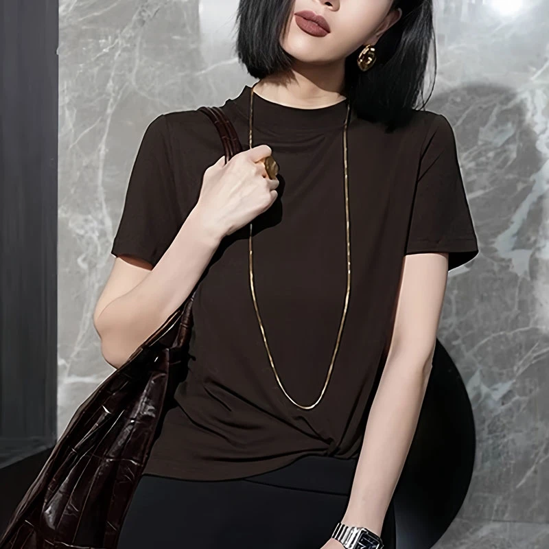 立领咖色短袖女士2025夏新款时尚洋气减龄高级感内搭t恤气质上衣