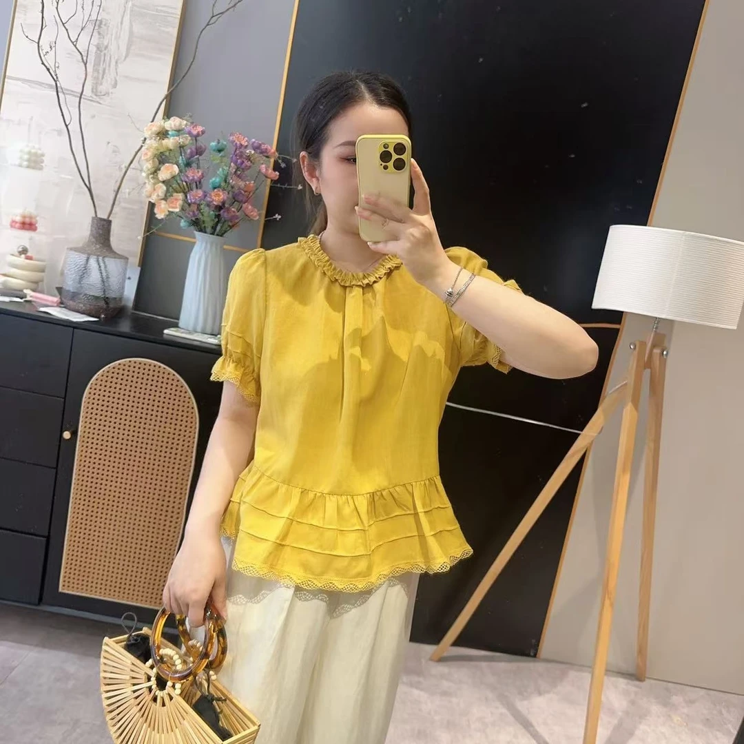 【欧加粒粒】夏季气质拼接蕾丝木耳边圆领短袖衬衫 TS25051718