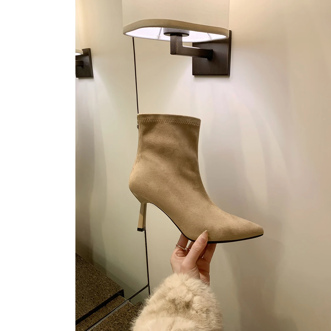 【苏茵茵】5.5cm细高跟王妃靴~尖头加绒后拉链短靴女瘦瘦靴E5417056