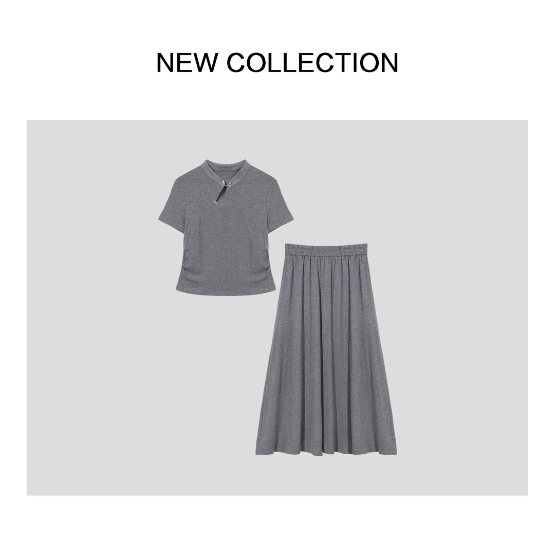 【香香严选】新款简约时尚短袖上衣+长裙套装 D5526009-0562