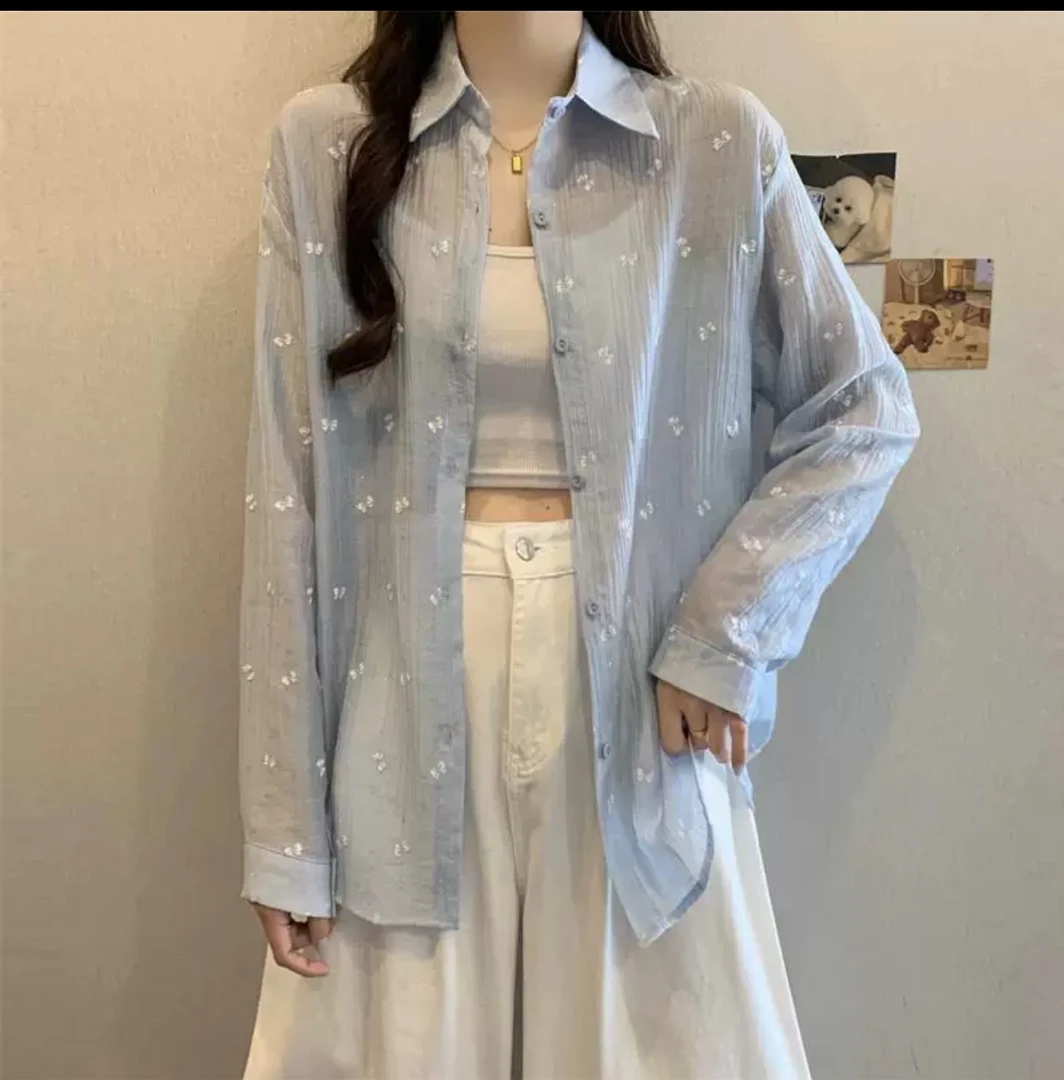 轻薄肌理感刺绣长袖衬衫春夏新款宽松舒适防晒上衣