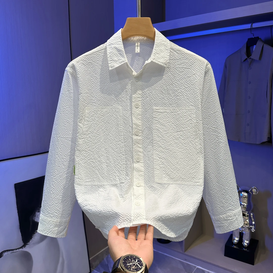秋季轻奢极简男士衬衫高端肌理感小众设计感时尚百搭多口袋衬衣男