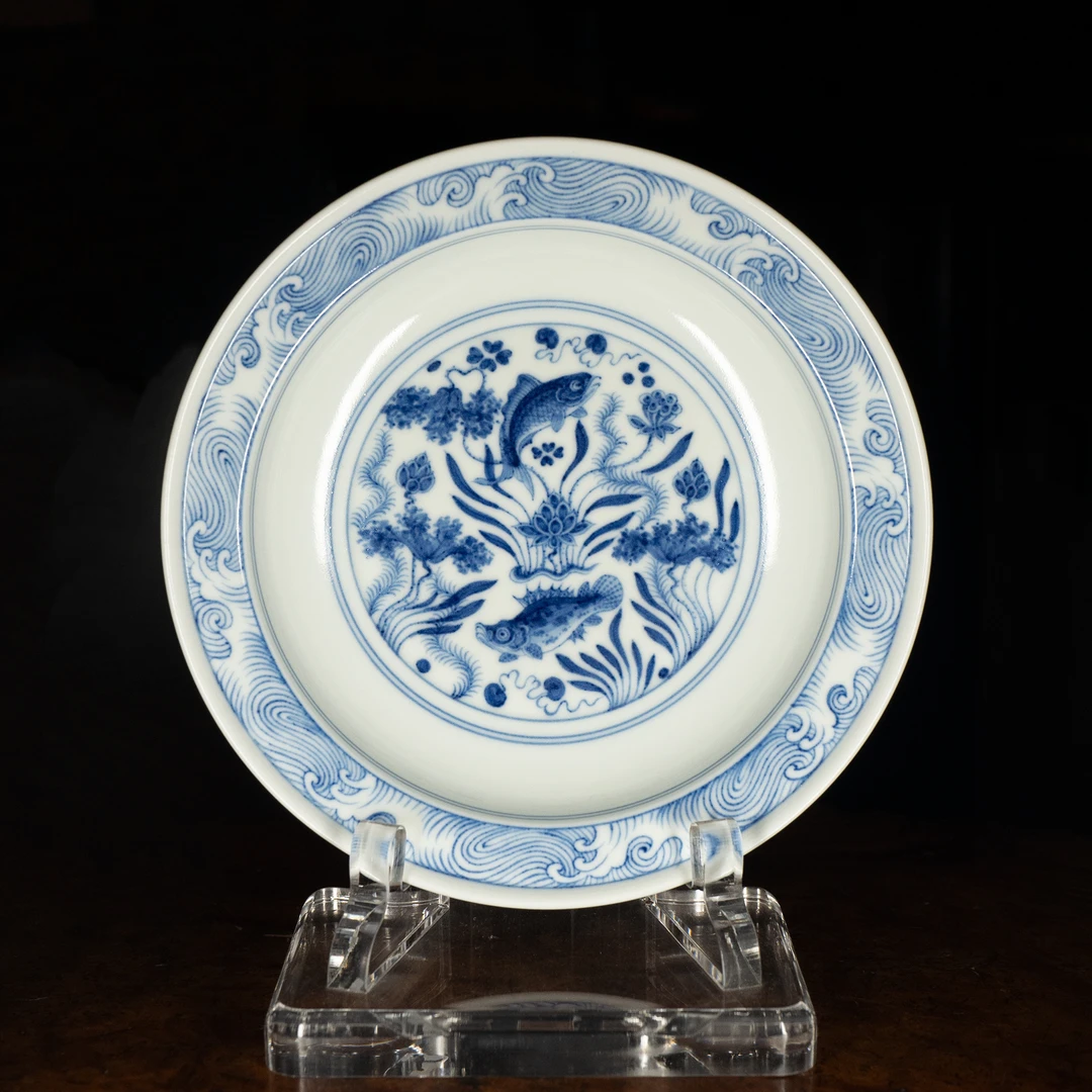 龙圣华苑景德镇陶人临古手绘青花鱼藻纹壶承手工青白鲤鳜干泡盘