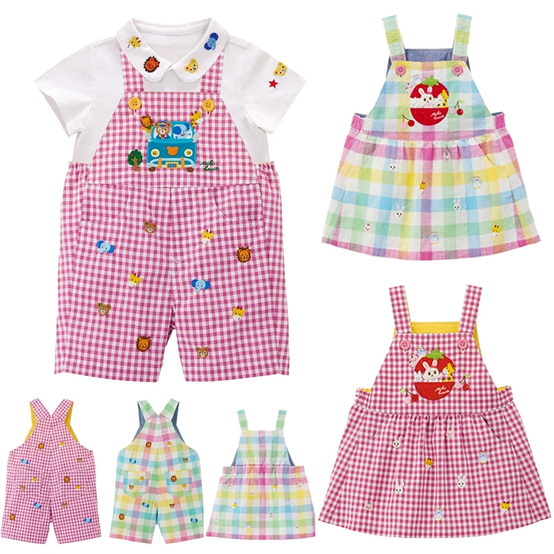 25年夏季新款背带短裤中小童好朋友满刺绣彩色格子背带裙背带裤