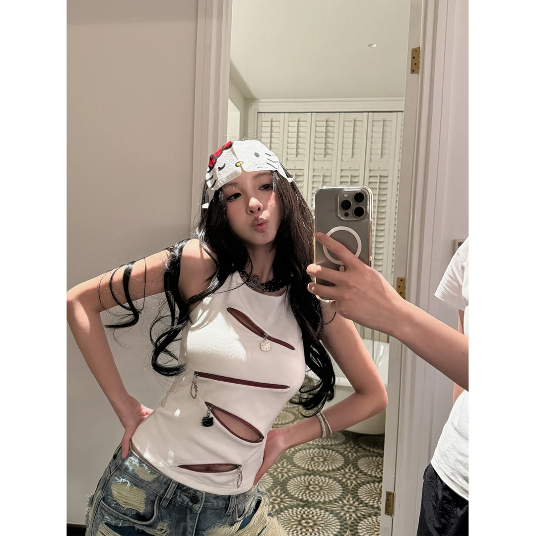 FuunJ K门信徒 设计感不规则破洞拼接吊带背心女修身显瘦辣妹上衣