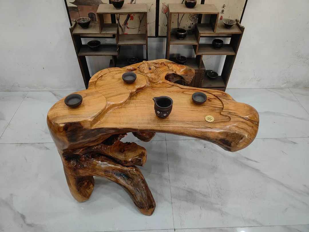 D2803香樟木整体根雕茶台阳台客厅家用茶几年年有余90-60-62厘米