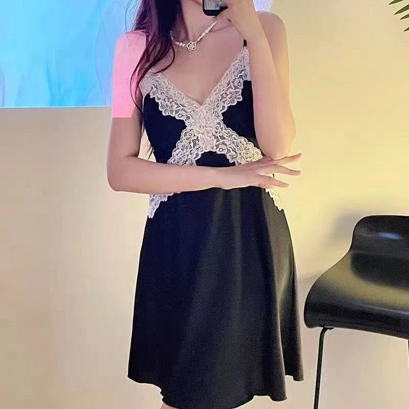 美背梭织吊带睡裙夏季薄款春夏连衣裙花边V领印染感法式新连衣裙