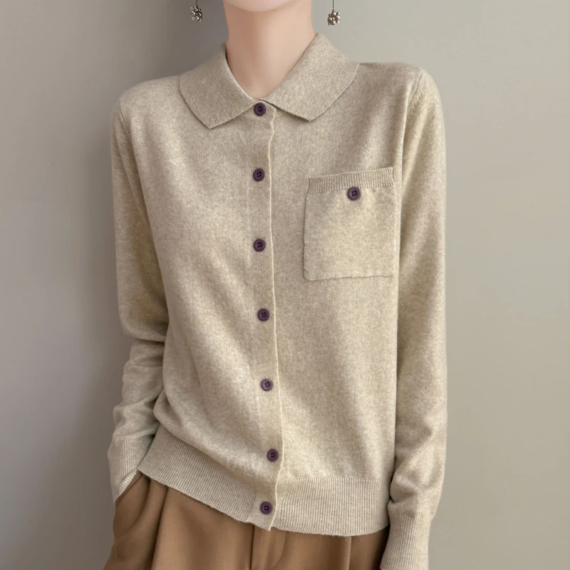 甄选精纺羊毛开衫衬衫百搭休闲翻领长袖针织衫POLO领时尚打底开衫