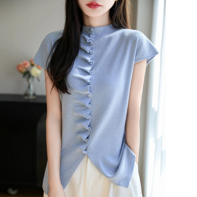 不规则褶皱修身版~女士夏季精纺羊毛飞飞袖针织衫开衫立领设计感