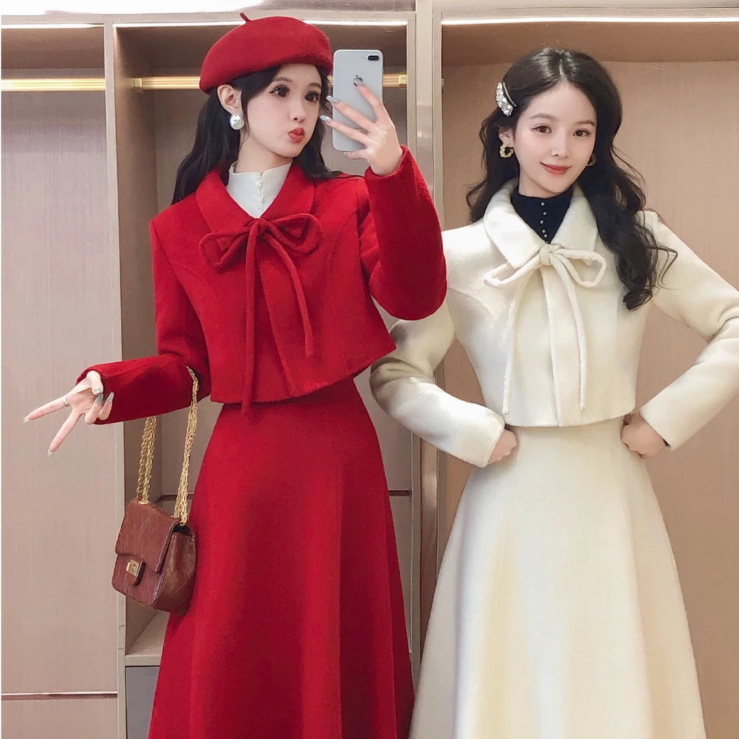 艾日秀法式蝴蝶结柔糯质感约会通勤气质显瘦毛呢时尚两件套H0169