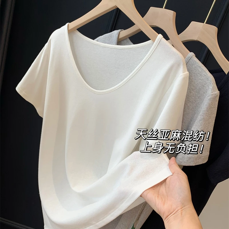 【匠心制造】天丝亚麻t恤女上衣清爽不粘腻 显瘦百搭底领短袖夏季