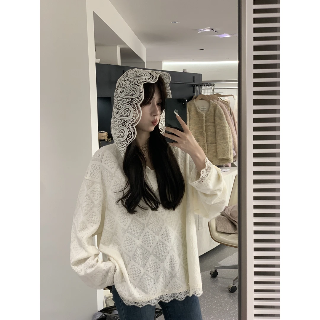 【牛乳酥酥】设计师高定提花蕾丝刺绣连帽百搭针织毛衣打底衫