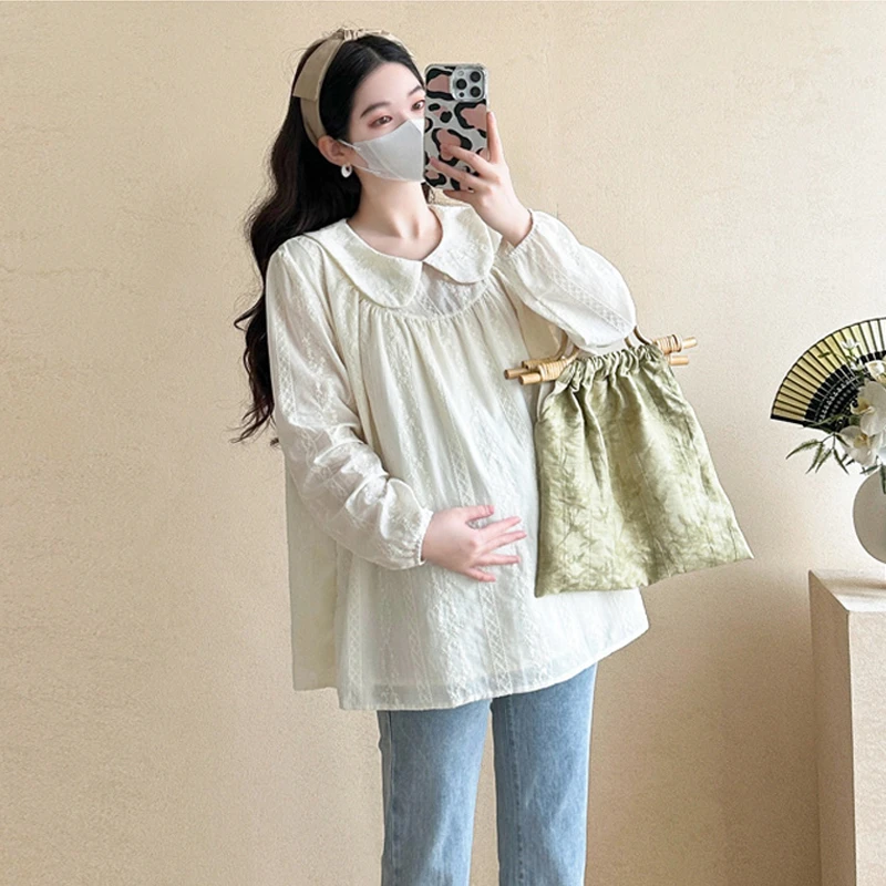 【伊伊】孕妇装2025春季新款韩版娃娃领刺绣甜美气质宽松娃娃领衬衫