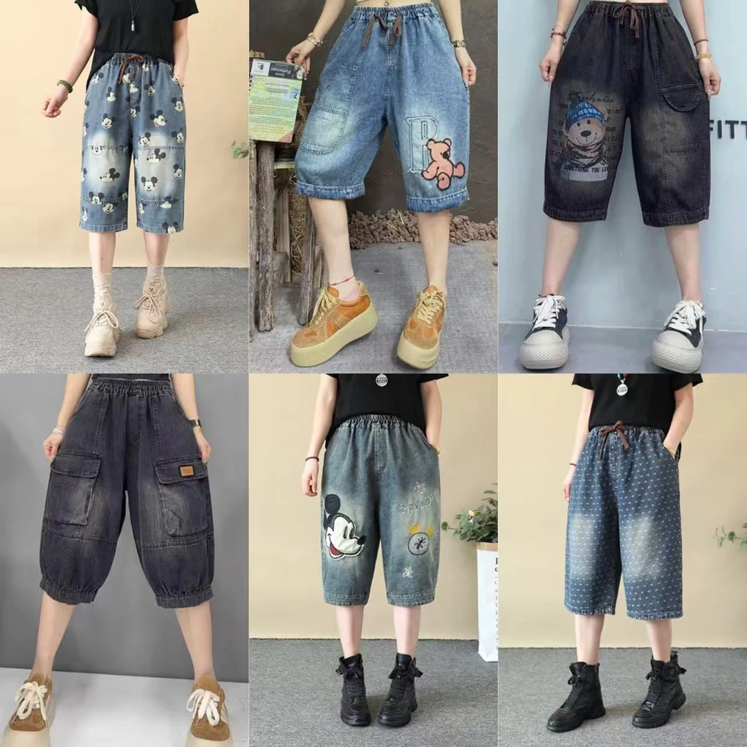 六分裤(夏季)新款米奇刺绣韩版哈伦牛仔裤90-170斤