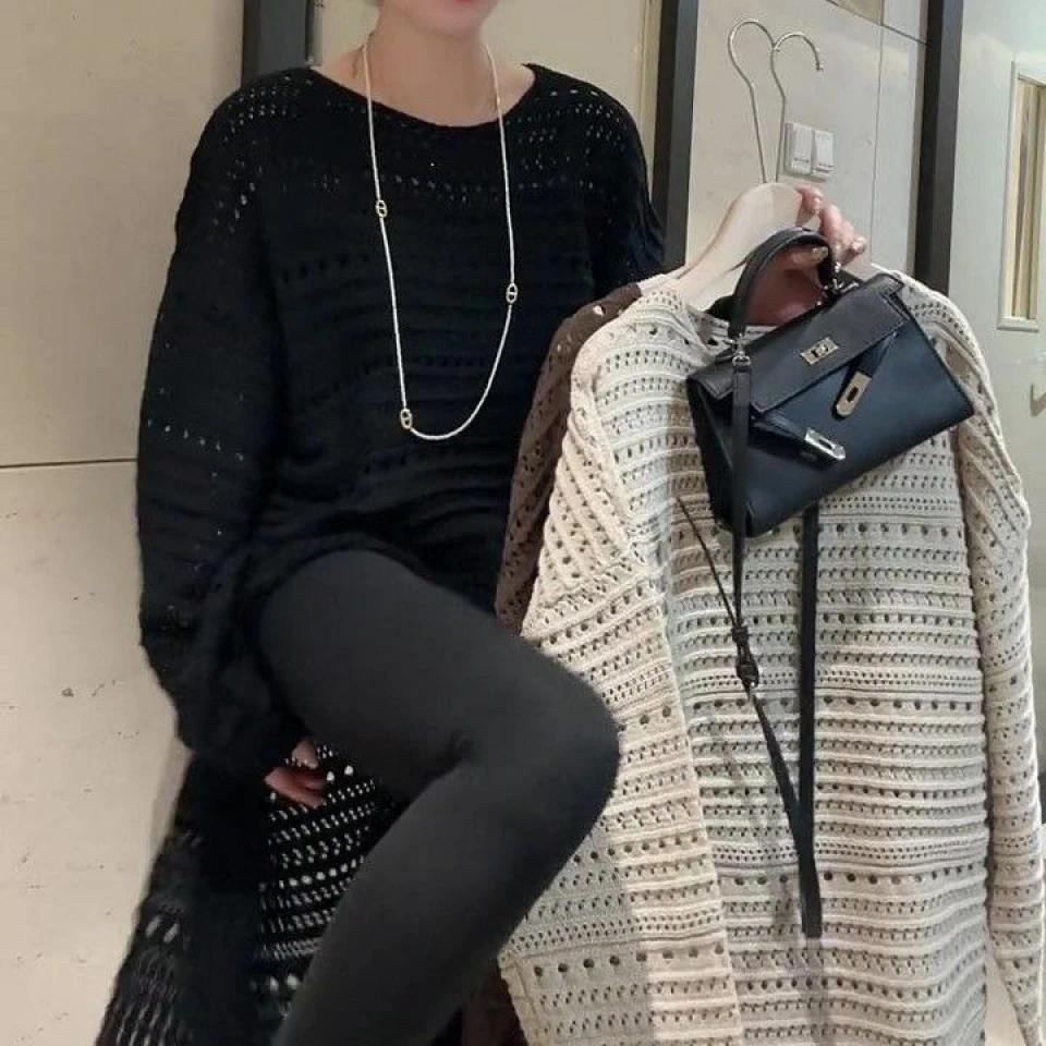 欧货定制宽松显瘦百搭圆领镂空长裙侧开叉长袖针织时尚毛衣女ins