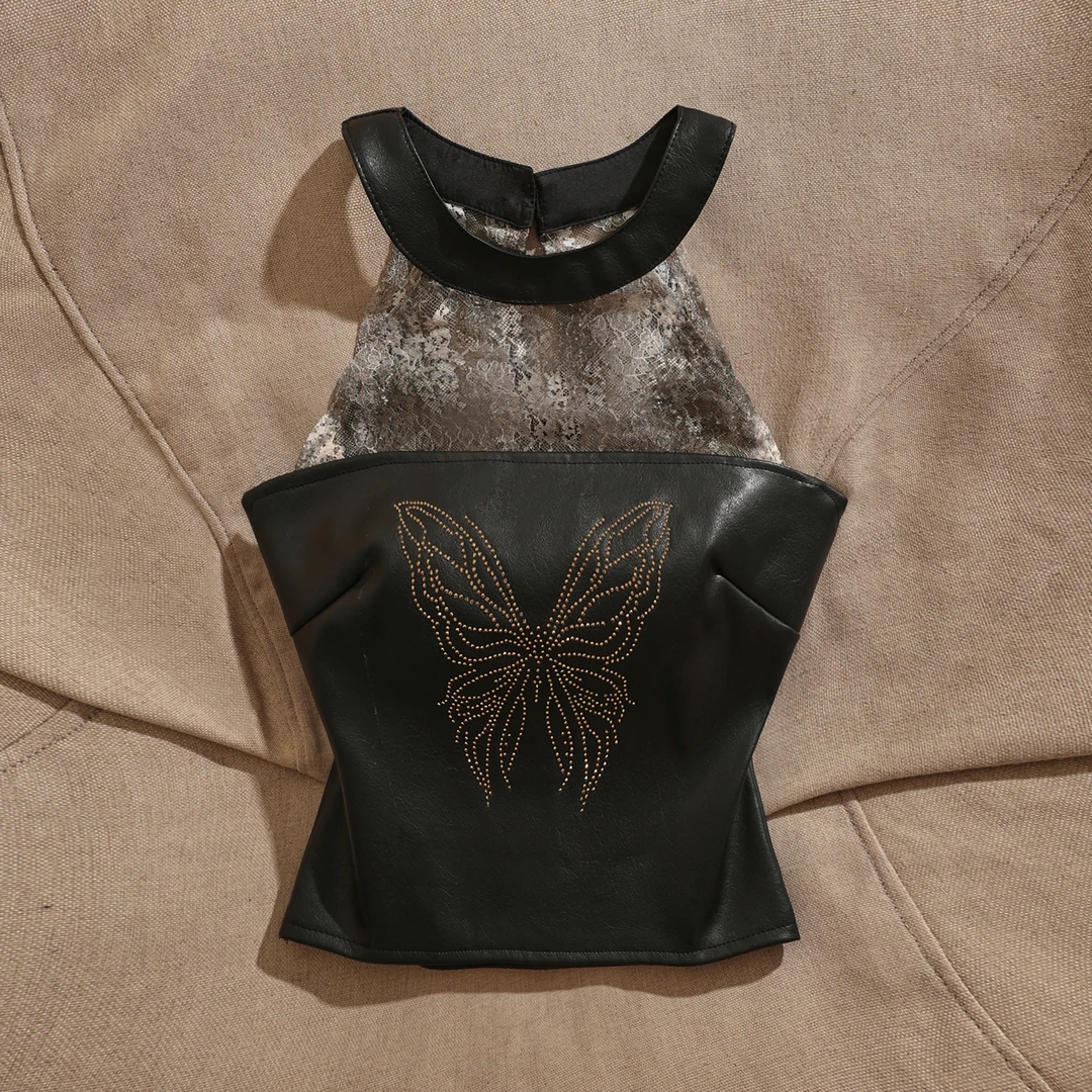 复古辣妹风蝴蝶烫钻蕾丝拼接挂脖背心女黑色短款镂空上衣性感气质