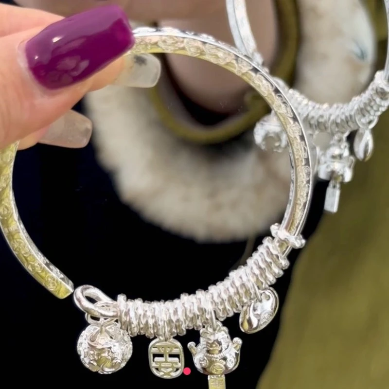 足银手镯 足银31号【吉言盘缠】足银999实心开口手镯带宫铃招财猫35