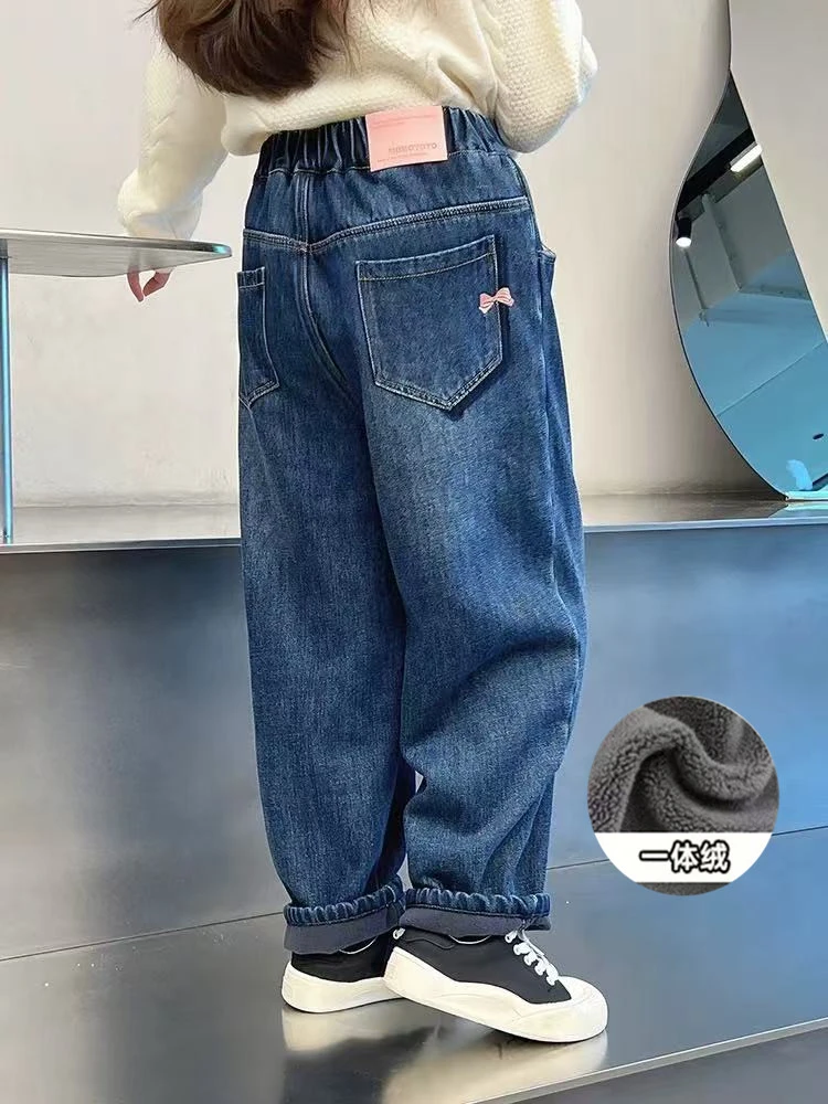 女童一体绒加厚洋气直筒牛仔长裤大儿童宽松休闲裤子2025冬装新款