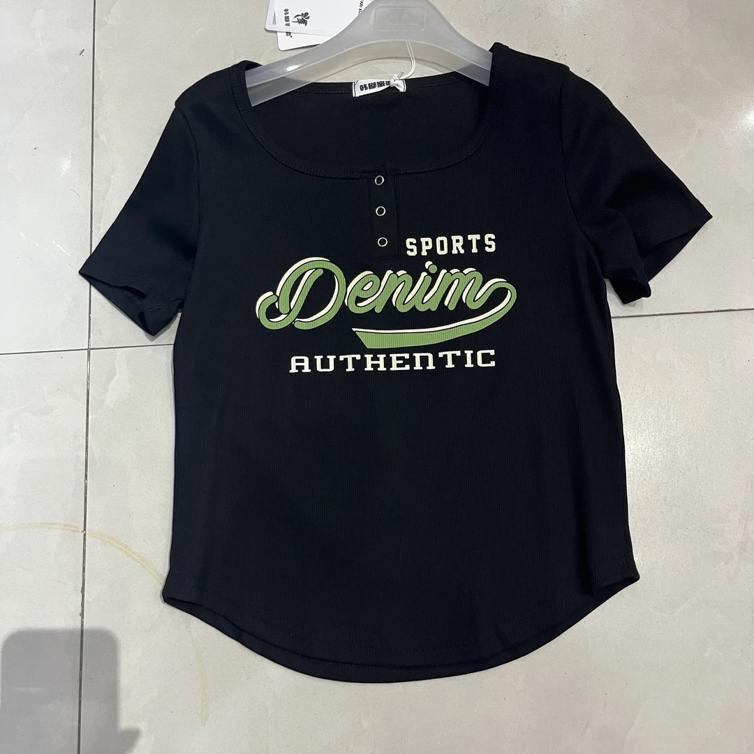 方领T恤不对称街头风纯色宽松型圆领短袖休闲风纽扣常规上衣黑色