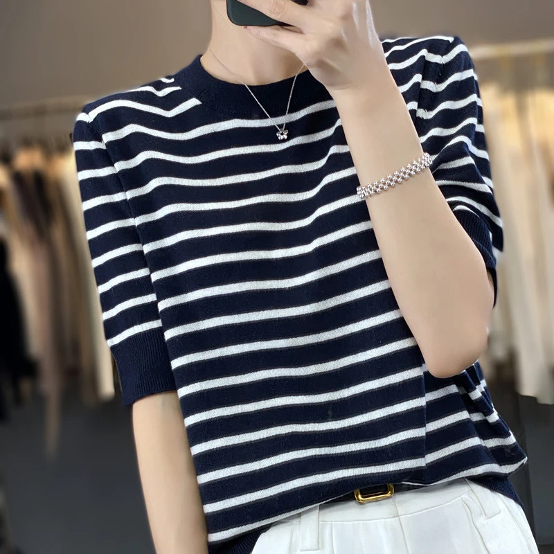 春夏季法式减龄条纹短袖T恤女圆领精纺针织衫中袖套头宽松显瘦
