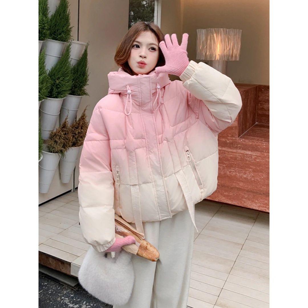 粉色渐变连帽棉服女冬2025新短款小个子设计感超好看多巴胺外套