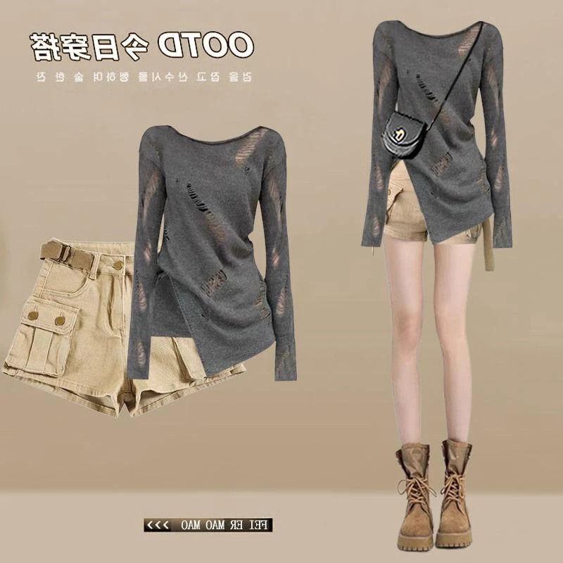 温柔系穿搭女2025春季新款辣妹纯欲上衣高腰显瘦工装短裤两件套装