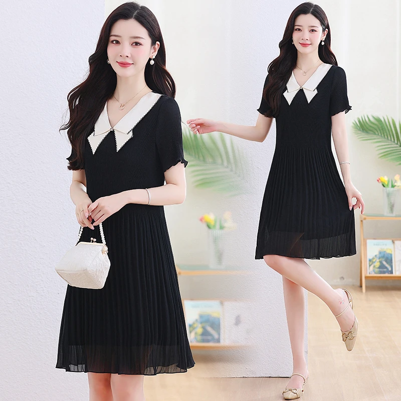 欧洲站2025夏韩版娃娃领时尚气质荷叶边百褶裙雪纺休闲高端连衣裙